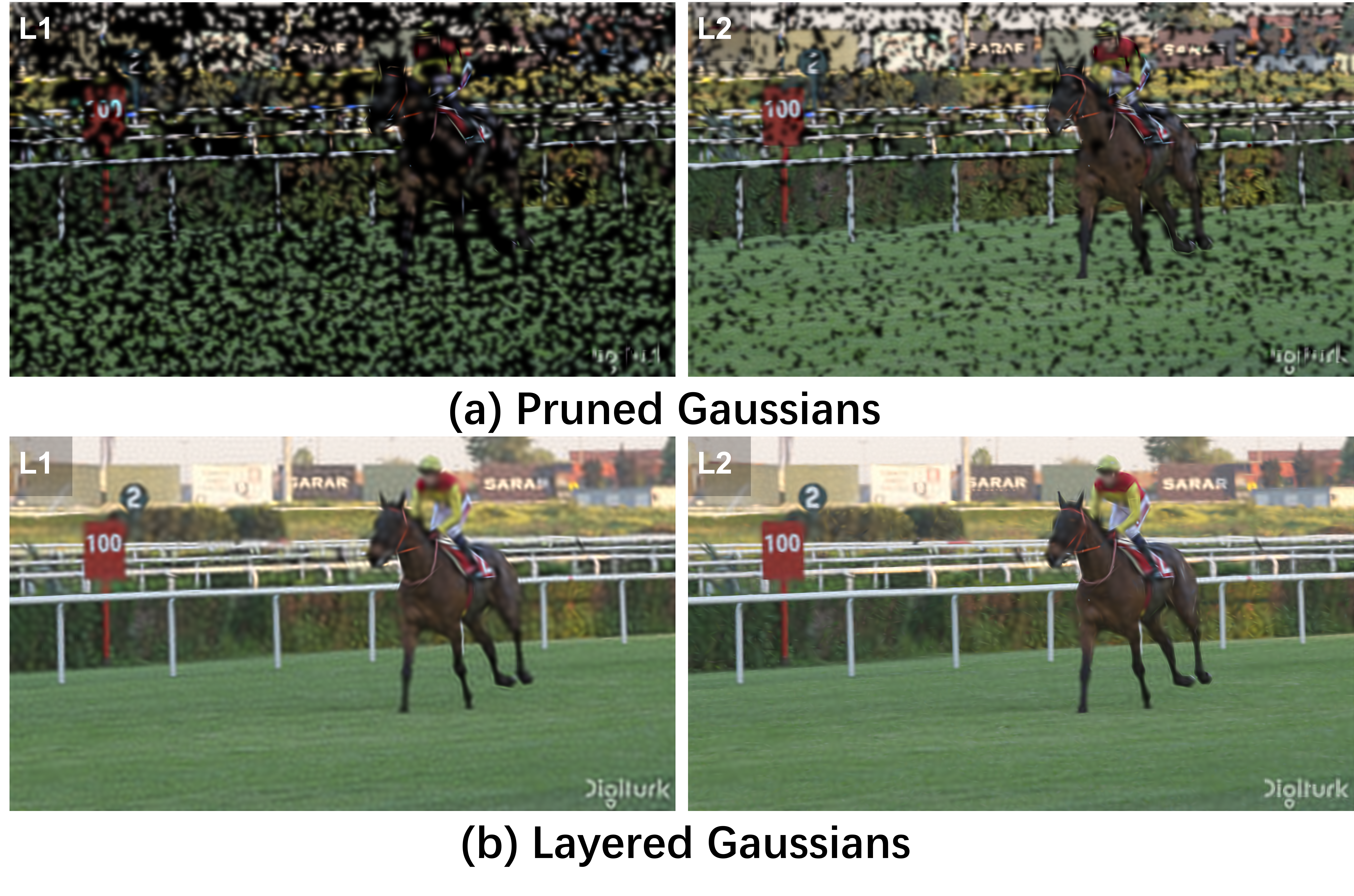 Motivation: pruned vs layered 2DGS